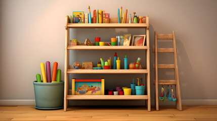 A versatile multipurpose storage rack in a playroom, holding toys, games, and art supplies, keeping the space tidy and encouraging creative play.