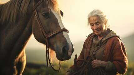 Elderly woman with horse. Concept of animal companionship, equine therapy, senior leisure activities, equestrian love.