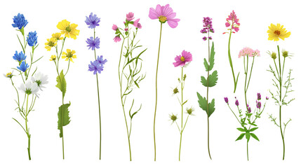 Diverse and varied Field wild natural flowers isolated and separated on transparent background. Full plants with flower, leaves and stem.  - obrazy, fototapety, plakaty