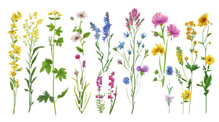 Diverse and variety of  Field wild natural flowers isolated and separated on transparent background. Full plants with flower, leaves and stem. 