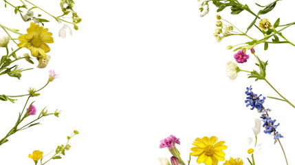 Field wild flowers arranged in a circle with empty blank space in the middle, round frame made of natural wild flowers on transparent background, PNG.
