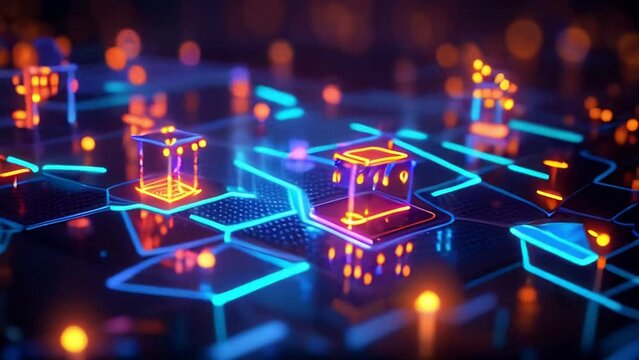 Surreal neon background, abstract cubes, computer technology workflow, growth charts