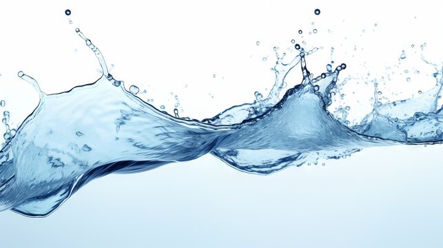 Dynamic splash of clean blue water on white background. High-speed image. Banner. Copy space. Concept of purity, hydration, refreshment, delivery of clean water and cleansing.