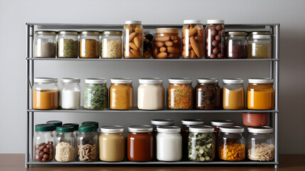 A sleek multipurpose storage rack in a pantry, efficiently organizing canned goods, spices, and baking supplies for meal prep and cooking.  - obrazy, fototapety, plakaty