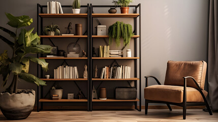 A stylish multipurpose storage rack in a living room, elegantly displaying books, plants, and decorative items to enhance the space. 