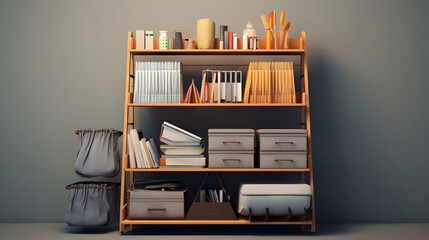 A versatile multipurpose storage rack in a home office, organizing files, folders, and office supplies to create a clutter-free workspace. 