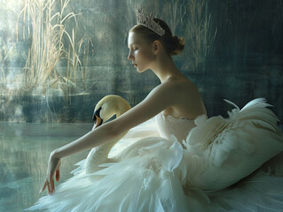Beautiful ballerina with a white swan