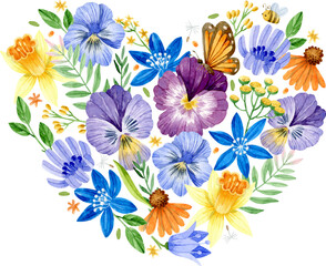 Watercolor wildflowers heart-shaped illustration with pansies, daffodils and chicory