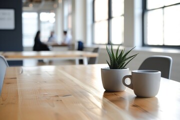 Minimalist office design with simple cups of coffee and tea on a sleek table, office workers focusing on minimalist tasks in the background.