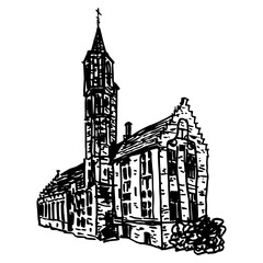 The church of Saint Sebastian's Guild in Bruges, West Flanders, Belgium. Hand drawn linear doodle rough sketch. Black and white silhouette.