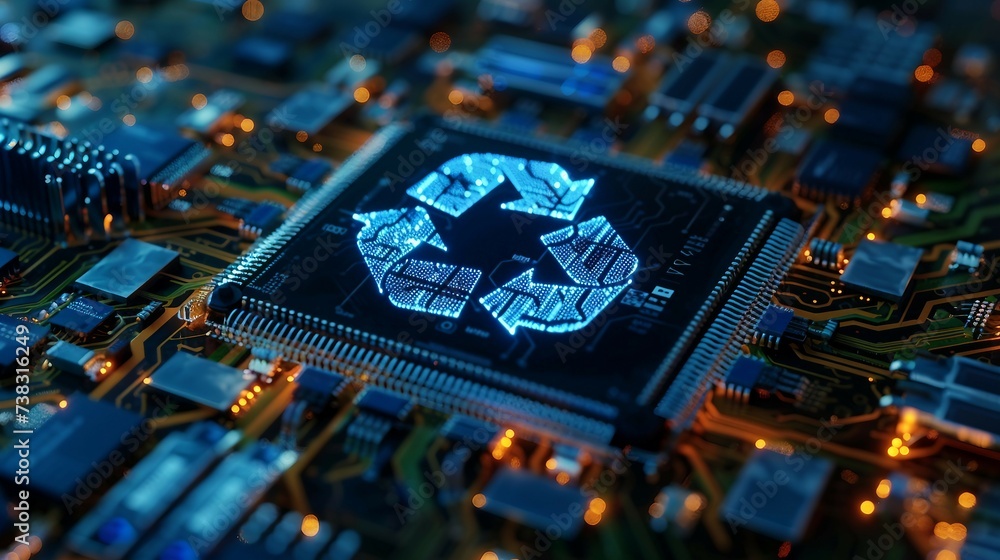 Poster close-up view of a microchip on circuit board with a glowing blue recycling symbol
