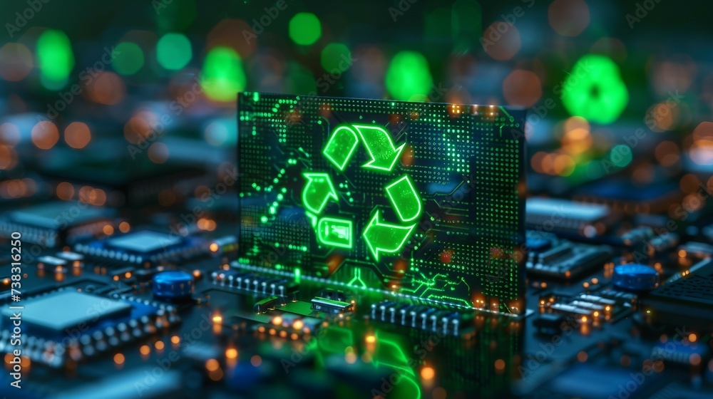 Poster close-up view of a microchip on circuit board with a glowing green recycling symbol