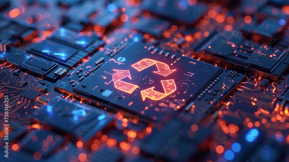 Aufkleber close-up view of a microchip on circuit board with a glowing red recycling symbol