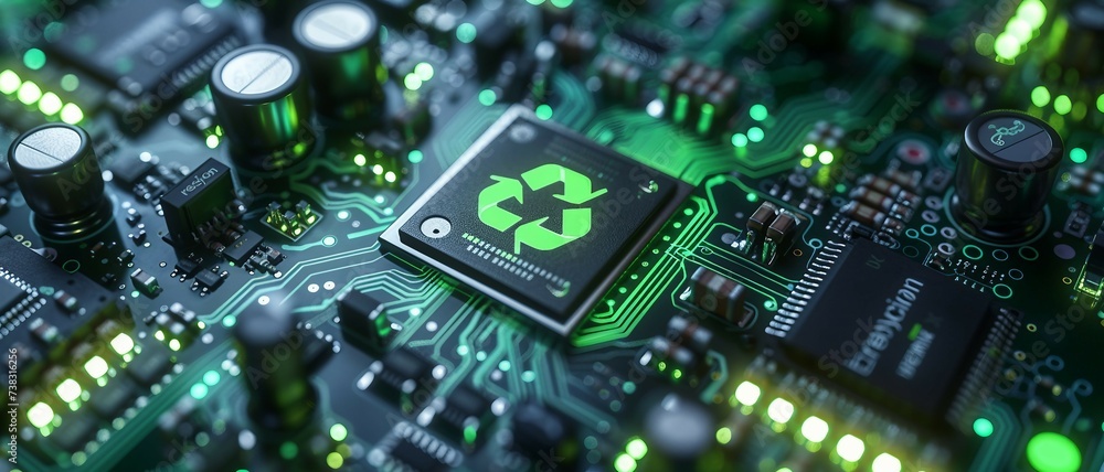 Aufkleber close-up view of a microchip on circuit board with a glowing green recycling symbol
