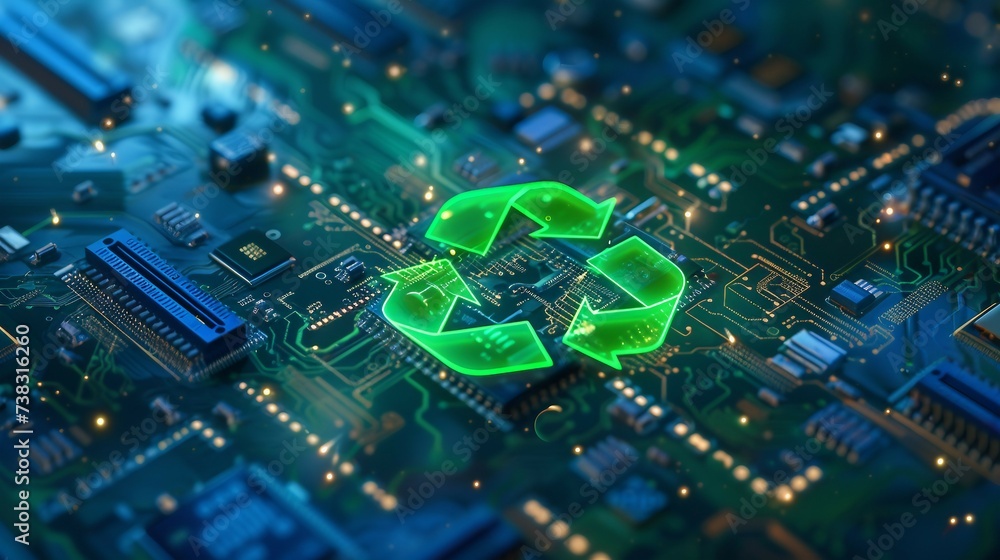 Poster close-up view of a microchip on circuit board with a glowing green recycling symbol