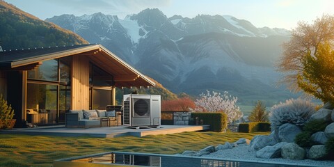 Air source heat pump installed outside, Sustainable and clean energy at home.