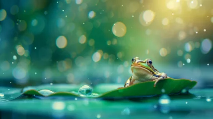 Foto op Canvas A frog on waterlily leaf in pond © amavi.her1717
