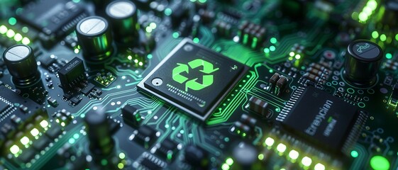 Obraz premium Close-up view of a microchip on circuit board with a glowing green recycling symbol 