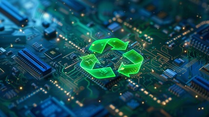 Close-up view of a microchip on circuit board  with a glowing  green recycling symbol
