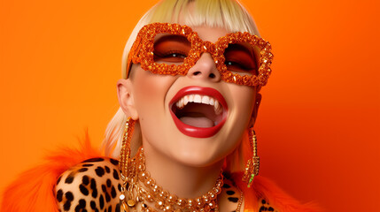Eclectic Euphoria: Fashion Forward Diva Sporting Glittery Glasses and an Exuberant Laugh