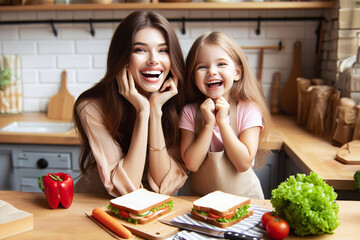 Joyful excited young mom and pretty little daughter girl preparing sandwiches in kitchen together,...