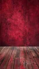 A dramatic distressed red curtain complements rustic red-painted wooden floor, creating a scene rich with texture and deep color. Wear and tear add a sense of history and storytelling to the space.