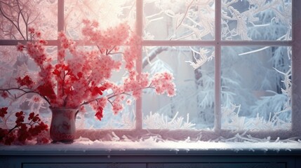 The frost background on the window is in cherry red color