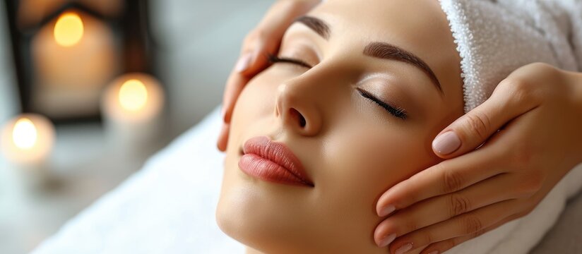 Close-up of a beautiful woman receiving a spa treatment in a salon, with Asian hands on her face, in a stock photo.