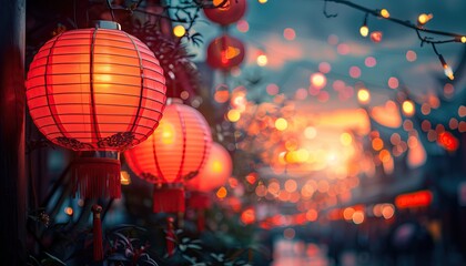 Obraz na płótnie Canvas Red Chinese lanterns on the street. Chinese lanterns at night.