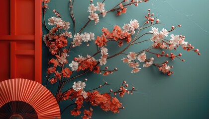 Chinese New Year background. Cherry blossom with red paper fan.