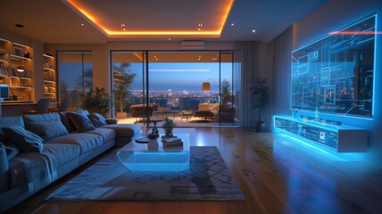 A modern living room at night showcases the luxury and comfort of smart home technology with ambient lighting and city views.