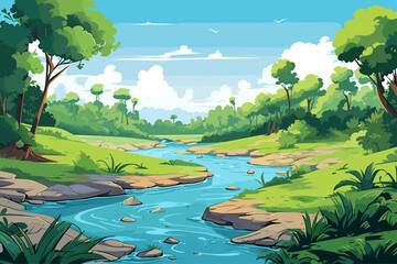 Landscape Vector Illustration of River and Mountains 