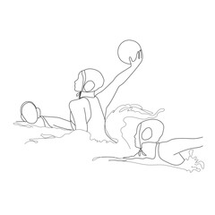 Female playing water polo game outline vector illustration. Water polo woman player getting ready to strike at game vector continuous line.