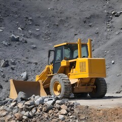 Obraz premium A bulldozer is moving rocks to create a pile at a construction site, preparing the area for the building of a new house or road