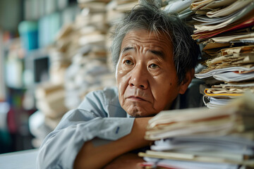 Obraz premium Senior Asian woman in an office, overwhelmed by a mountains of paperwork