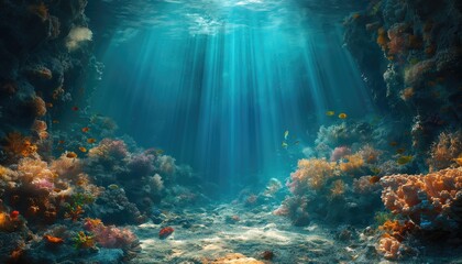 Fototapeta na wymiar Underwater view of coral reef with fishes and rays of light. wallpaper, banner, copy space