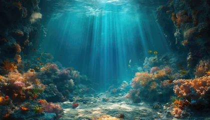 Foto auf Alu-Dibond Underwater view of coral reef with fishes and rays of light. wallpaper, banner, copy space © Katsiaryna