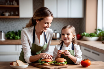 Obraz na płótnie Canvas Joyful excited young mom and pretty little daughter girl preparing sandwiches in kitchen together, cutting ingredients, smiling, laughing, posing for cooking blog picture. generative ai