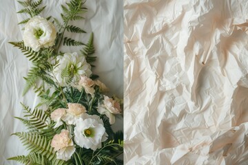 modern wedding bouquet. Beautiful pink flowers. Postcard. Banner. Wedding invitation. Wrinkled fabric. Background.
