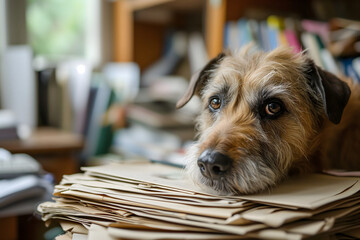 dog in an office, overwhelmed by a mountains of paperwork