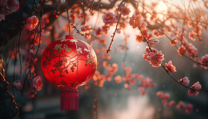 Chinese new year lanterns on the tree with bokeh background