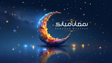 Ramadan Mubarak Colorful Geometric Crescent Moon and Stars on a Starry Night Sky - obrazy, fototapety, plakaty