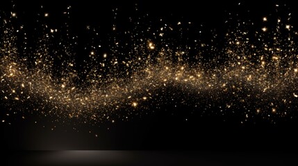 Waterfalls of golden sparkle sparkle champagne particles star on black background, Happy New Year holiday concept