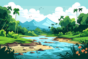 Vibrant and Colorful Illustration of a River with Forest and Mountains