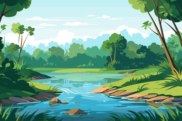 Vibrant and Colorful Illustration of a River with Forest and Mountains