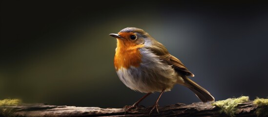 Fototapeta premium European robin red-breasted bird perched on a tree trunk blur background