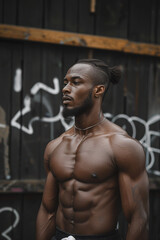 Fototapeta na wymiar Shirtless young man with muscular torso poses outdoors, epitomizing strength and fitness in urban setting.