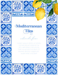 Watercolor rectangle Mediterranean frame with blue azulejo tiles and yellow ripen lemons and leaves