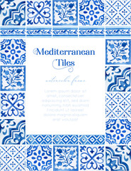 Watercolor rectangle Mediterranean frame with azulejo tiles and border tiles for invitation