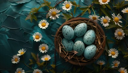 Easter eggs in a basket with daisies on a blue background